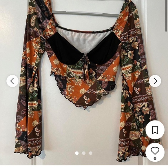 Boho bell sleeve crop Patchwork Off-Shoulder peasant  Top - Picture 2 of 4